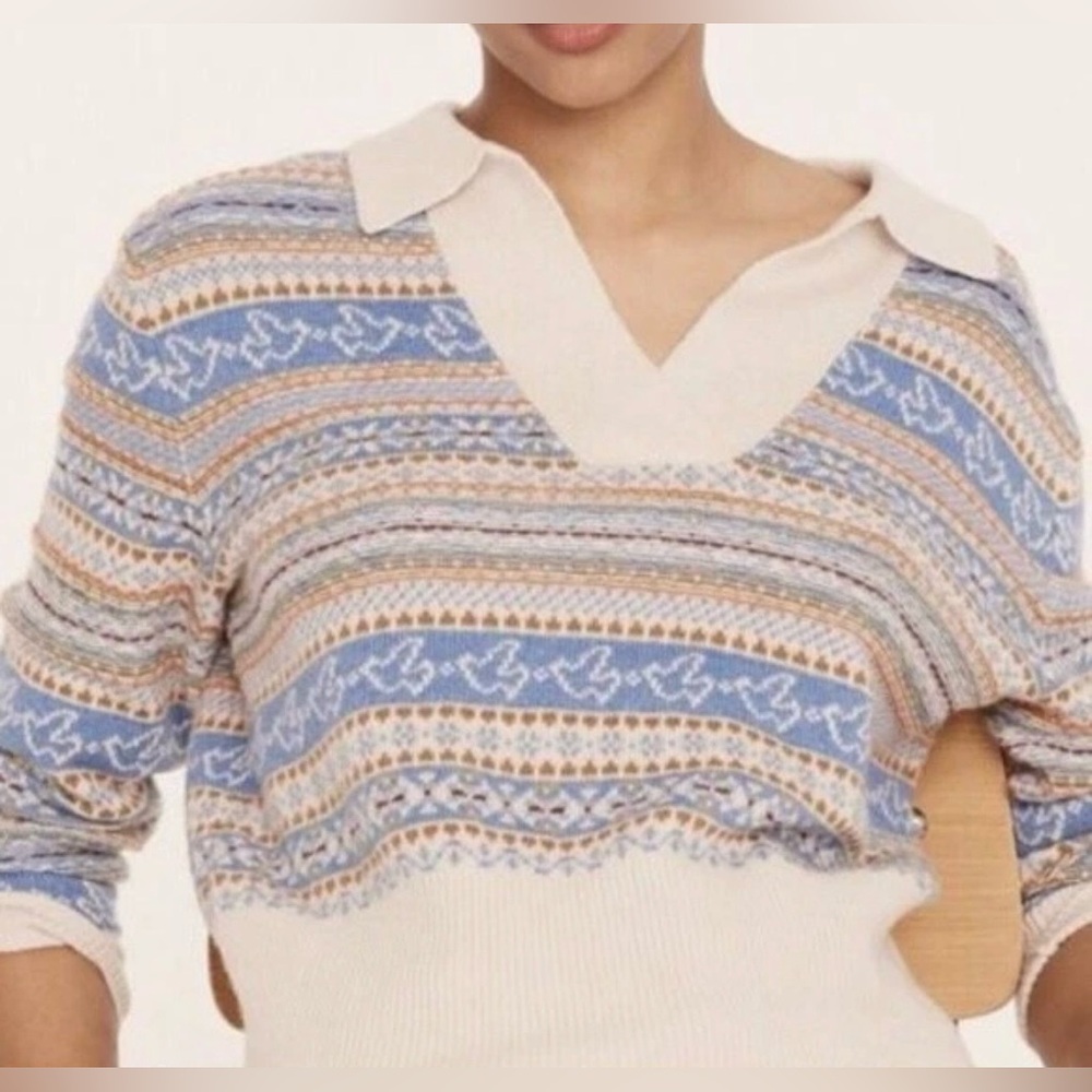 Women’s J.Crew Fair Isle Lambswool Blend Print Beige Collared Preppy Sweater‎ L.
